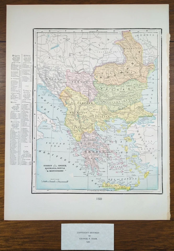 Vintage 1900 TURKEY GREECE ROMANIA SERVIA Map 11"x14" ~ Old Antique Original - Image 2 of 4