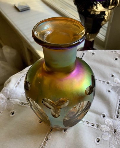 LUNDBERG STUDIOS GOTISCHE TREFOIL 5" VASE UM 1982 IRISIERENDER SCHLIFF AUF KLAR JIM SHAW - Bild 14 von 18