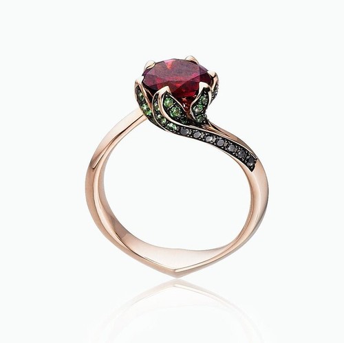 Round Natural Red Garnet Rose Gold Plated silver Floral Engagement Ring - Bild 2 von 9