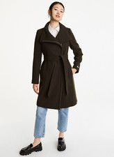 Women's Dkny Wrap Wool Coat With Leather Trim, Style: Dlsmwm99, Size Xl, Loden