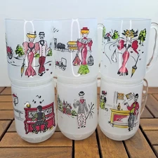 MCM Gay Fad Studios 6pc Frosted Beer Mugs Glasses Here's To Series Me, Us, etc