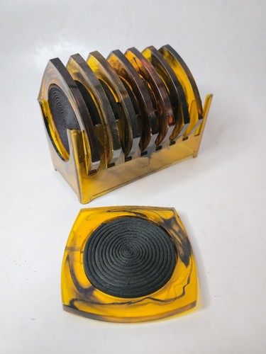 Vintage MCM Amber Tortoise Shell Lucite Black Swirl Coasters Set Of 8 w/ Holder