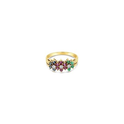 Ring Rubin, Saphir, Smaragd Blumenform 14 Karat Gelbgold