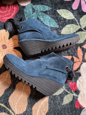 Fly London Women s Yama Blue Suede Back Tie Wedge Ankle Bootie Size EU 38 US 6