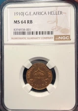 1910 J German East Africa Heller NGC MS64 RB freshly Graded