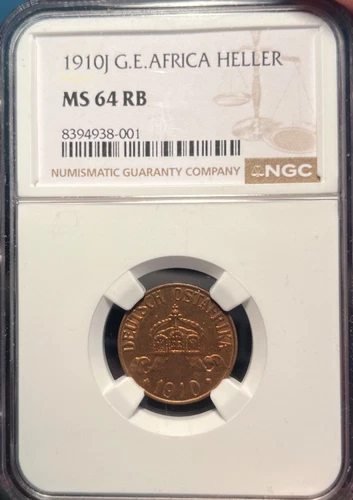 1910 J German East Africa Heller NGC MS64 RB freshly Graded