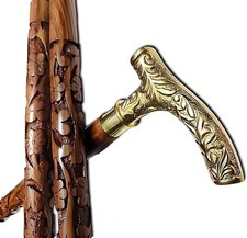 Nautical Style Wooden Walking Cane Floral Carved Design T- Brass Handle Stick