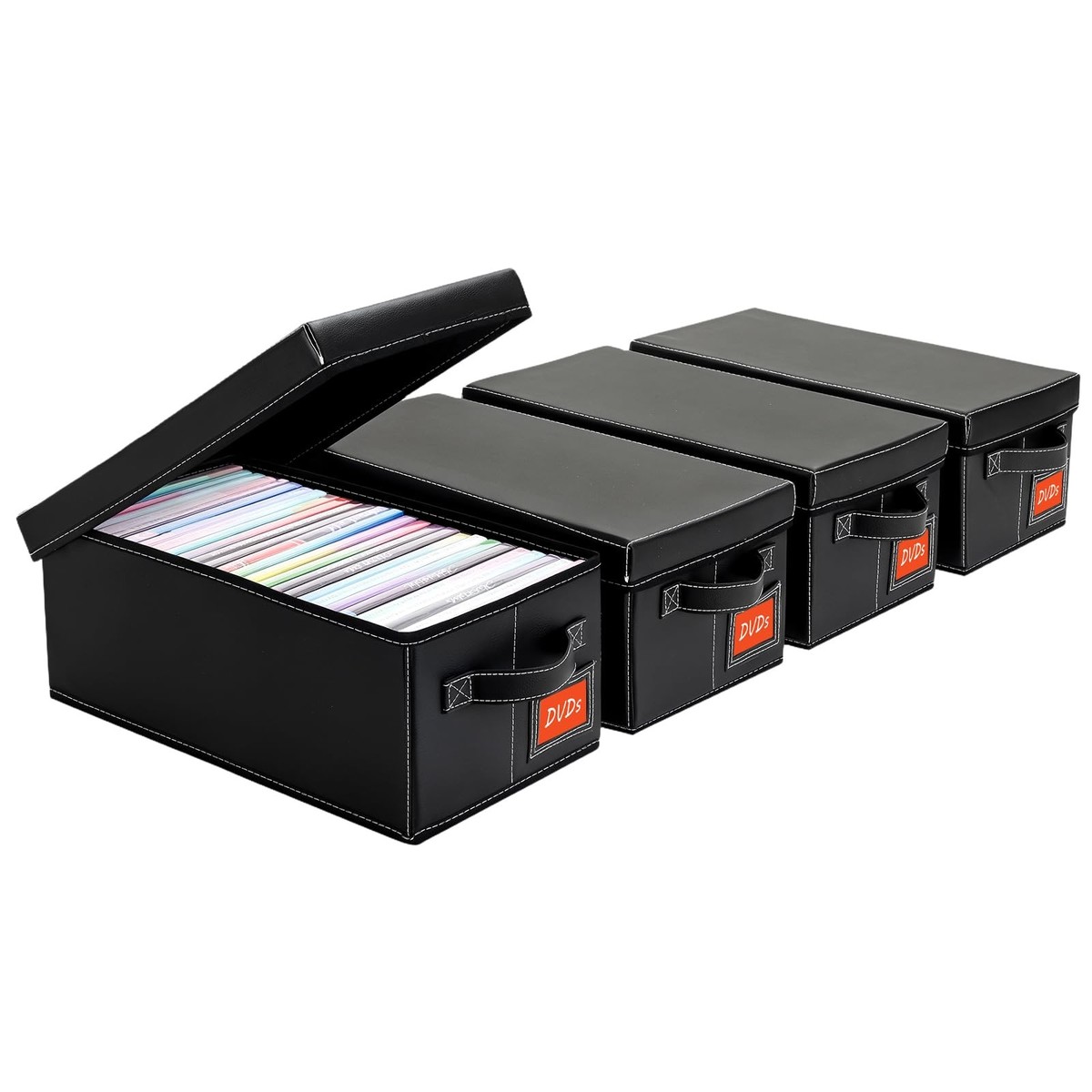 4 Pack DVD Storage Box Black Faux Leather Shelf Organizer Holds 25