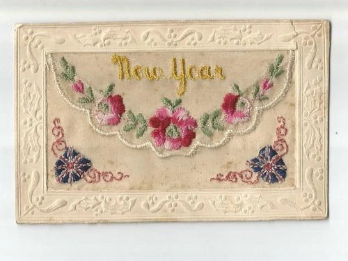SILK WOVEN - FLAP - NEW YEAR - WW1  POSTCARD - MILITARY