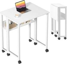 GreenForest Folding Desk with Wheels and Storage Shelf, 24.8 inch, Pure White 