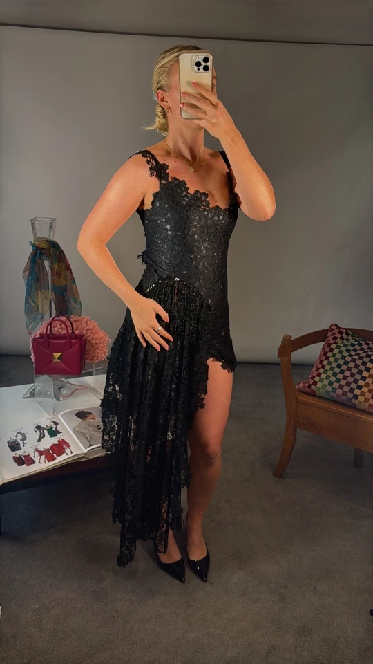 RUTI DANAN Dress UK S Black Lace Asymmetric Skirt Beaded Button Closure - Image 3 of 4