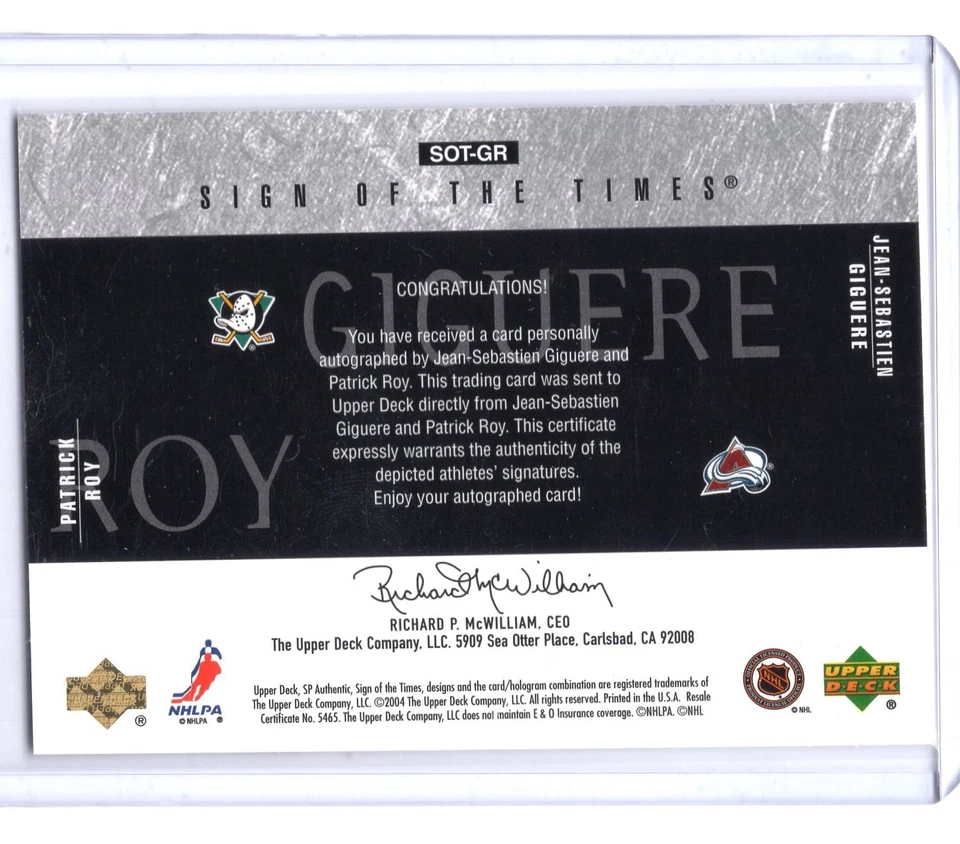 2003-04 SP Authentic Sign of the Times Dual Autograph Patrick Roy Giguere 30/99 - Image 2 of 2