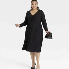 Ava + Viv Midi Dress Womens 2X Black Stretch Knit Ruched Bodice Long Sleeve