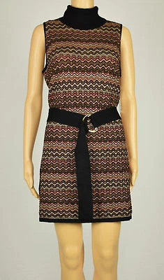 Encre Femmes Métallique Noir sans Manche Ceinture Col Roulé Zig-Zag Tunique Pull - Photo 1/4
