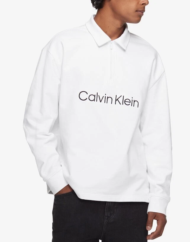 Calvin Klein Men s Relaxed Fit Logo Terry Long Sleeve Polo Shirt White Med 98