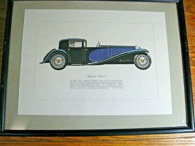 Vintage Framed Bugatti Royale Type 41, Art Print Hans Muth German Text, 1927