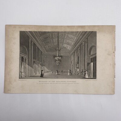Antique 1800s Interior Of The Ballroom Town Hall Engraving Print