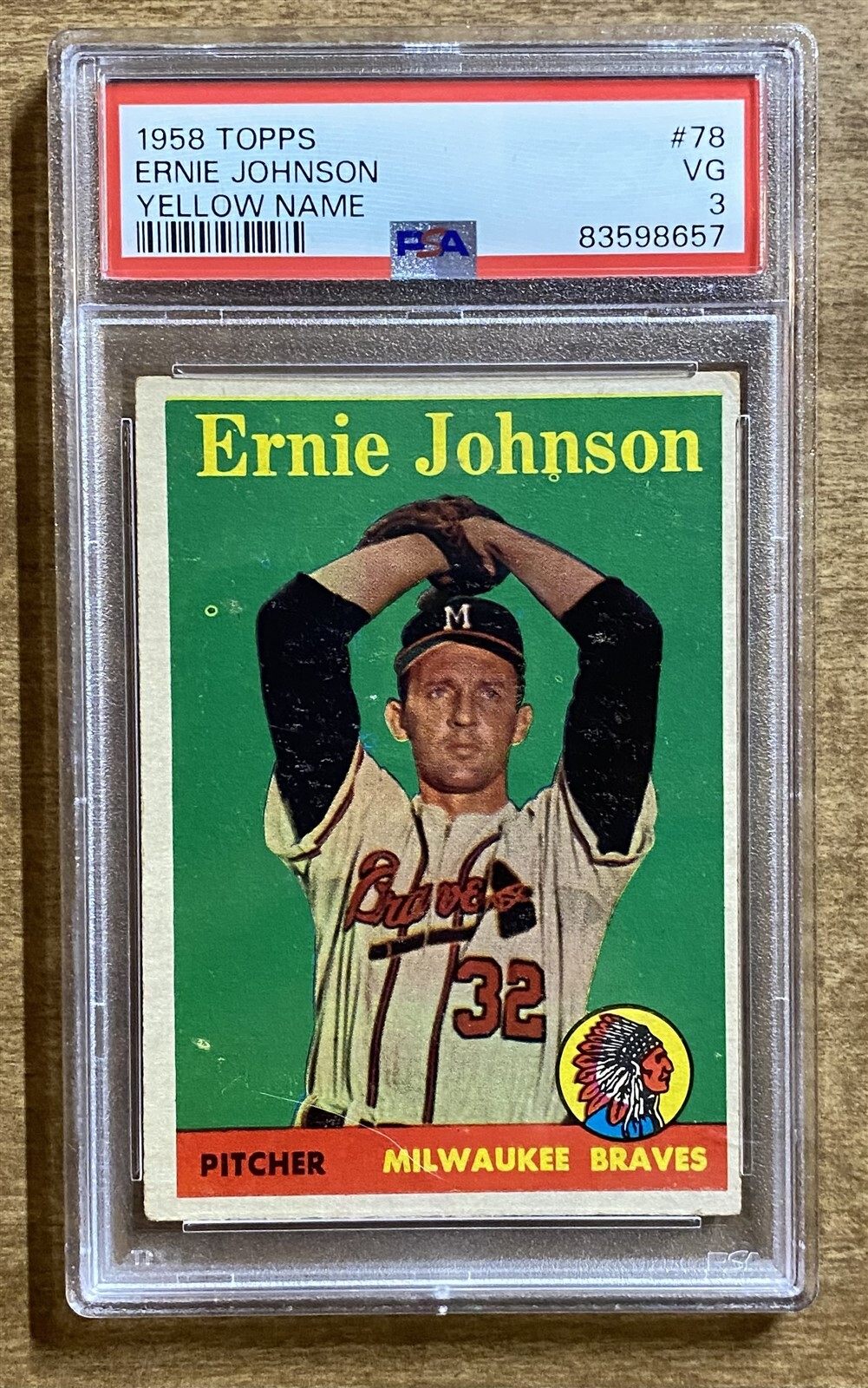 Ernie Johnson 1958 Topps Yellow Name Variation #78 PSA 3 VG - Braves