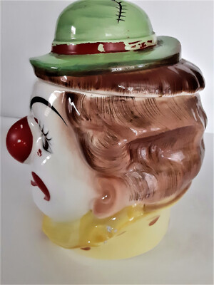 Vintage PY Japan Clown w Green Hat Cookie Jar 1950