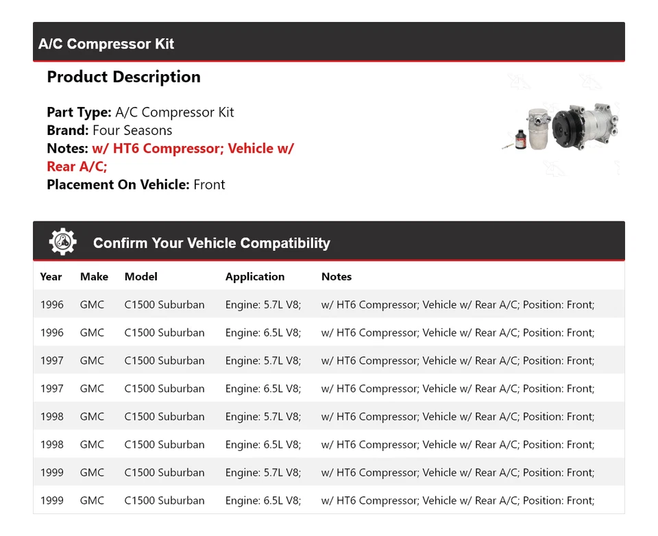 Kit de compresor de aire acondicionado delantero para GMC C1500 1996-1999 Suburban 4 estaciones 1997 1998 Foto 2 de 4