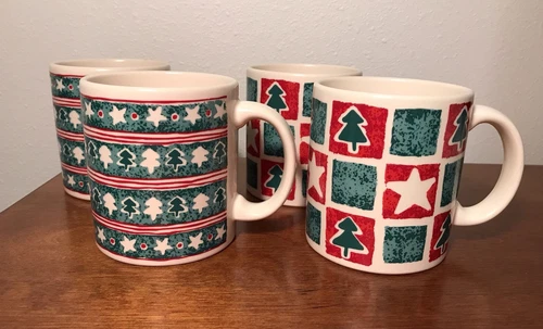 Set of 4 Christmas Waechtersbach Ceramic Mugs Trees & Stars Germany Crazing on 2