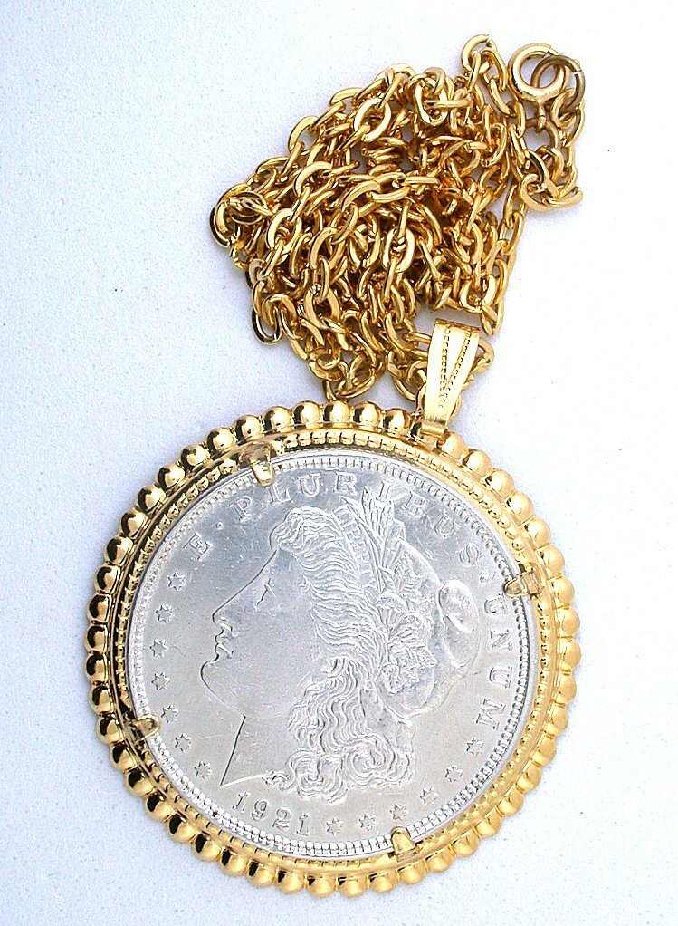 1921 REAL MORGAN SILVER DOLLAR GOLDPLATED PENDANT GOLD PLATED 23