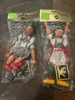 2 Vntg 1980 American Themes Christmas In Bavaria Wood Puppet Tree Ornaments NIP