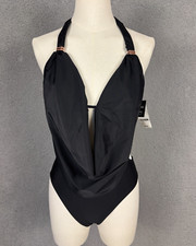 Bar III Women's Solid Cowlneck One-Piece Halter Swimsuit X-Small Black NWT's.