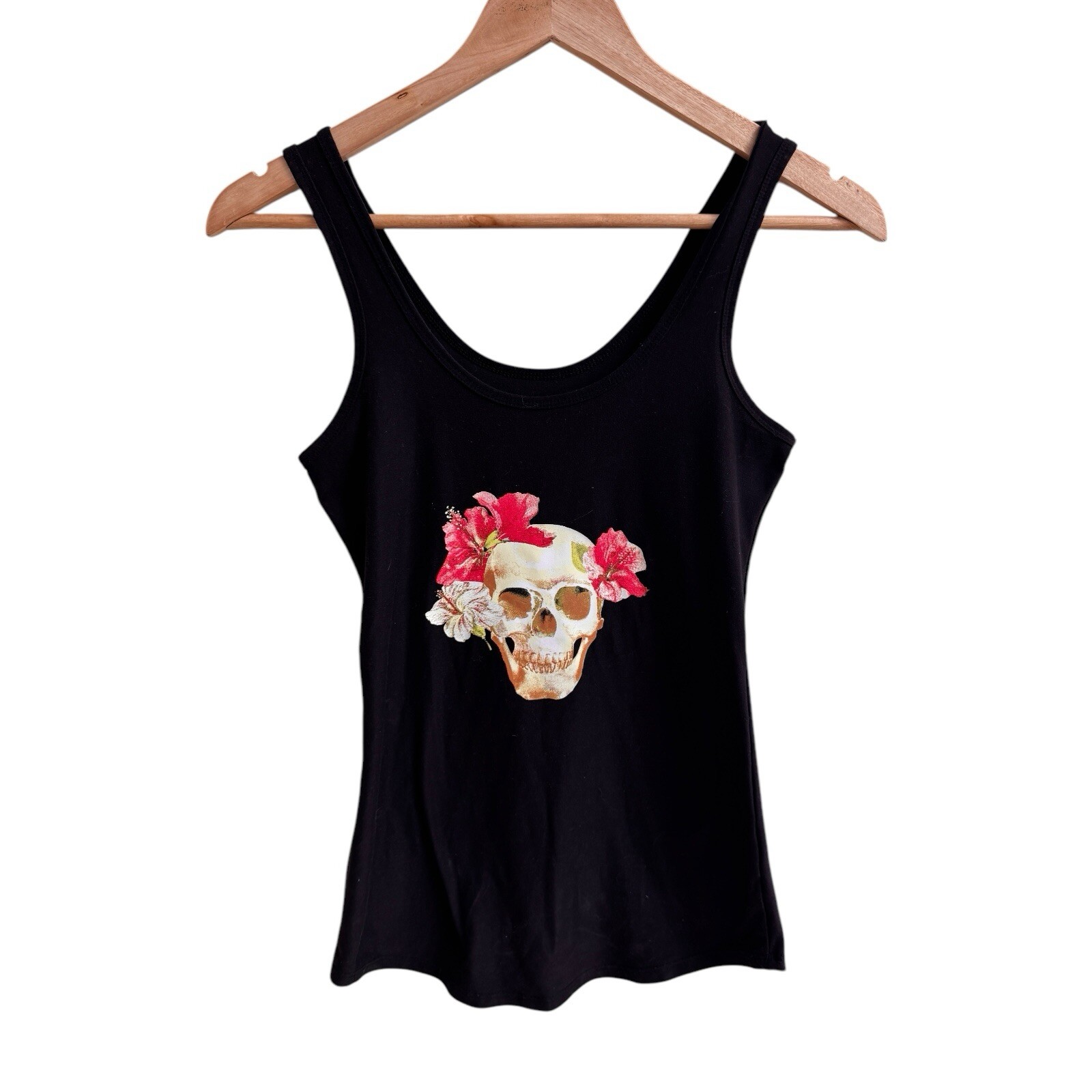 No Boundaries Black Scoop Neck Tank Top Skull Flowers Juniors Size S Bohemian