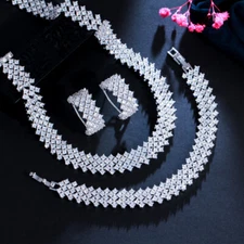 CZ Tennis Wedding Necklace Earrings Bracelet Set White Gold Jewelry Accessories