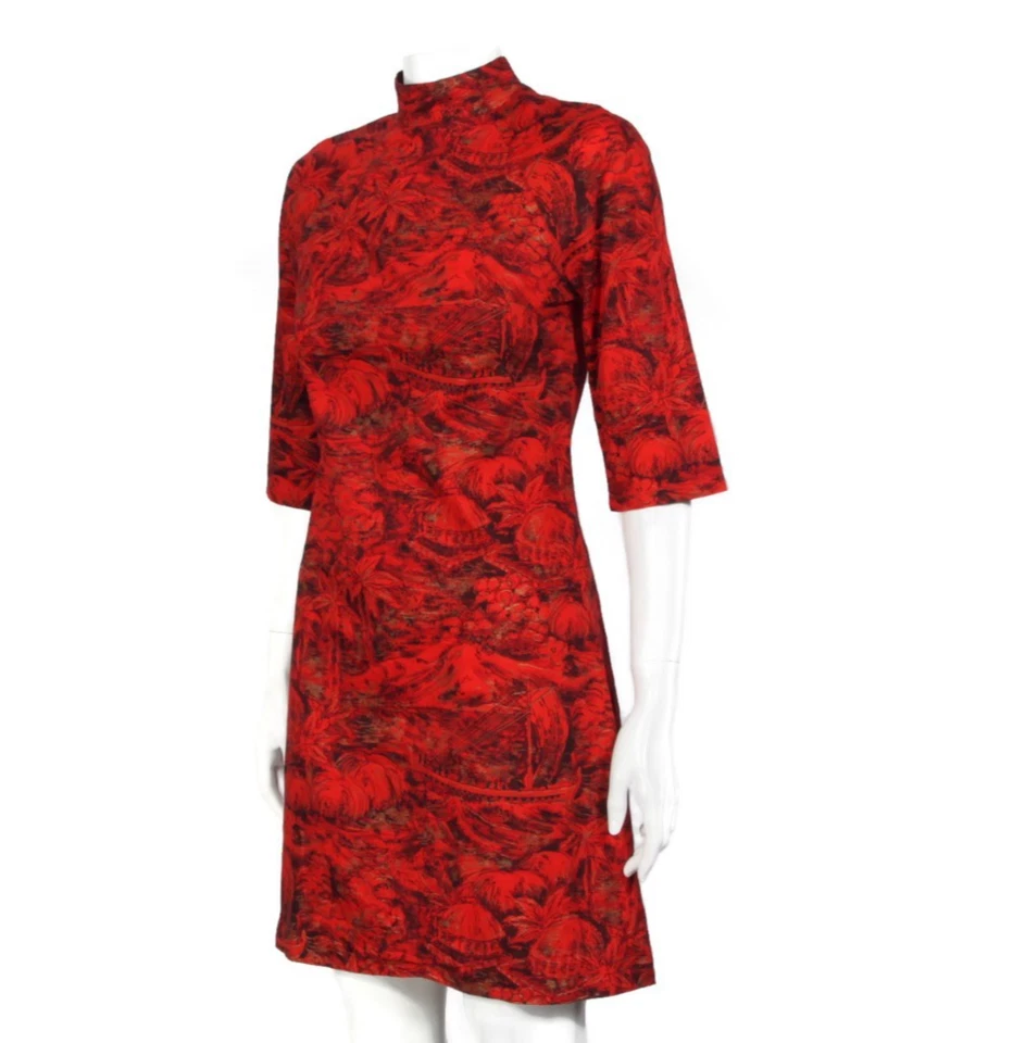 Vitnage 60s Red Lava Island MCM TIki Wiggle HIgh Neck 3/4 Sleeve Dress sz S /342 - Image 3 of 4