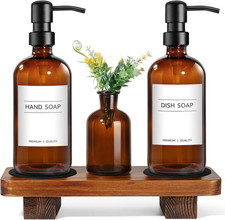 Kitchen Soap Dispenser Set with Wood Riser Tray, Amber Glass Soap Dispenser with