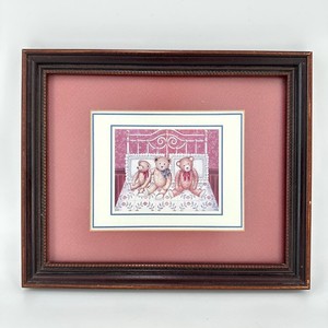 Vintage Framed Teddy Bear Print Nursery Wall Art Dark Wood Frame