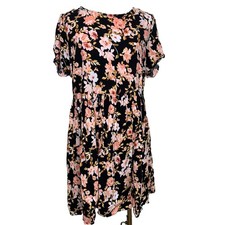 Forever 21+ Floral Babydoll Dress Women's XL Black Pink Short Sleeve Plus Size