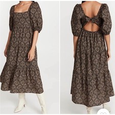Minkpink Midi Dress Womens Small Black Floral Puff Sleeve Tie Back Tiered Cotton