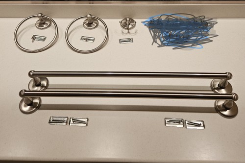 6 Piece Bathroom Hardware Set Brushed Silver 2 24" towel bars, 2 rings, 2 hooks
