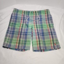 Vtg POLO Ralph Lauren MADRAS PLAID 10" Swim Trunks Green Multi Colored Red Pony