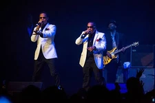 Ronnie DeVoe Ricky Bell of New Edition perform at Joe Louis Arena - Old Photo