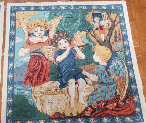 Vtg Quilt Panel Blocks LOT of 4 Fabric ANGELS CHERUBS Cotton 15" x 15" - Picture 5 of 5