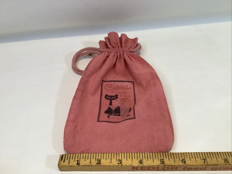 Drawstring Pouch 9” X 5 1/2” Old Fashioned Retro Pink W/ Cat Cocktails Prop Play - Image 2 of 4