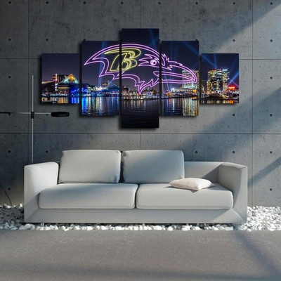 Baltimore Ravens NFL Football Team Logo & City Landscape 5 Piece Canvas Wall Art