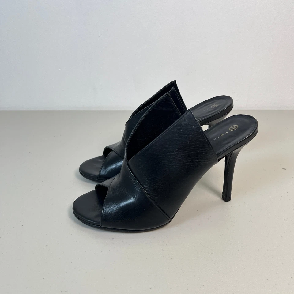 Trina Turk Negro Cuero Genuino Peep Toe Stiletto Mules Tacones Altos 7 M Foto 3 de 4