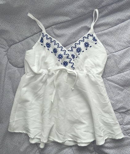 White Blue Y2K Floral Embroidered Babydoll Cami Tank Top Boho Cute Sexy S NEW