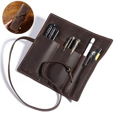 Vintage Genuine Leather Pen Pouch Roll-Up Pencil Case Bag Pen Curtain Stationery