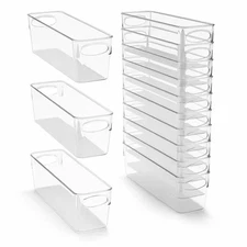 Narrow Clear Plastic Storage Bins with Handles for Shelves-10-Pack Organizers an