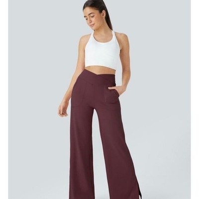 Halara Burgandy High-waisted wide-leg Yoga pants with side slit pockets Sz XS