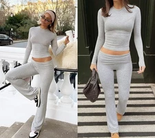 Leisure Sports Two-piece Set, Long Sleeved High Waisted Foldable Flared Pants, S
