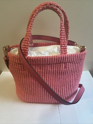 Jimmy Choo East West Raffia Beach Tote Fuchsia Pink Gold Mini New