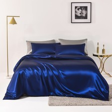 Chanyuan Blue Silky Bedding Set King Size Silky Satin Duvet Cover Soft Microf...