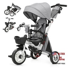 8 in 1 Tricycle Stroller with Push Handle, Foldable Trike with 360° Gray
